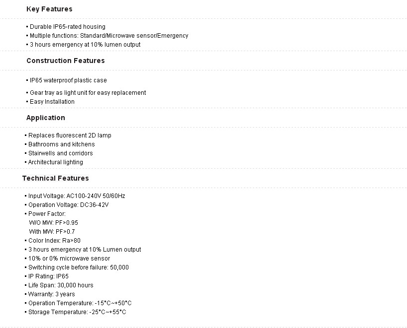 D320 Bulkheads Light IP54 with Sensor and Battery backup