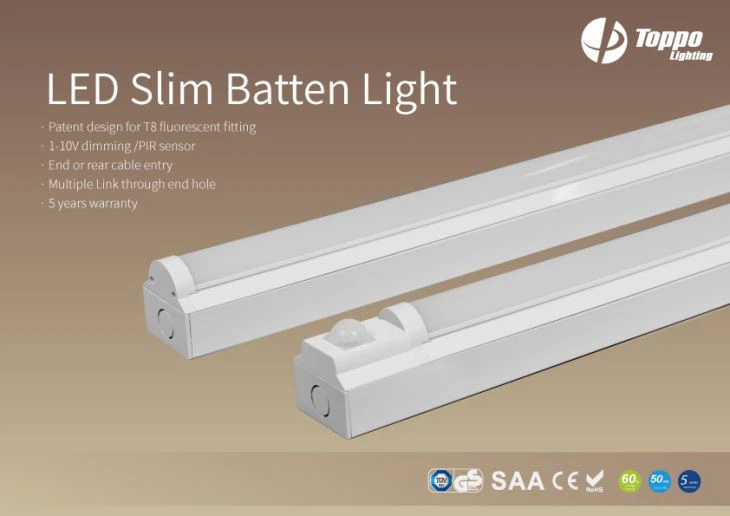 Power Factor PF> 0.95 LED Slim Batten Light 120 grādu pupu leņķis 6700Lm Slim LED Batten